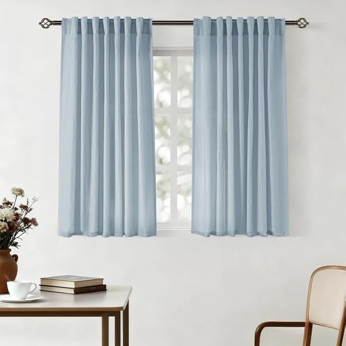 Stone Blue Curtains for Living Room Back Tab Modern Farmhouse Semi Sheer Blue Curtains 45 inches Long 2 Panels Set Muted Neutral Window Curtain for Dining Room Bedroom 52x45