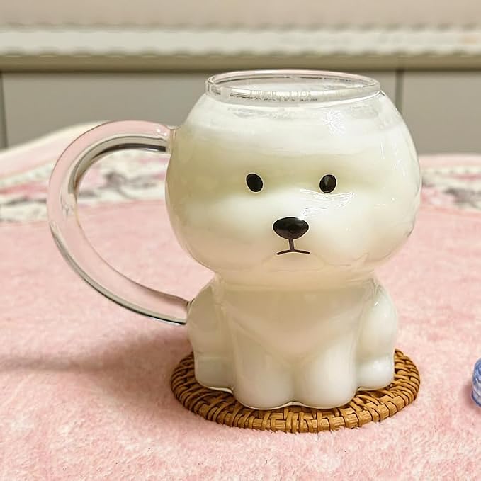 Coffee Mug Cups Ceramic Tea Cup Cute 3D Bichon Frise Dog Shaped Handmade Pottery Cute Mugs Handle Office Home Hot Ice Chocolate Milk Mugs Gifts Microwave Dishwasher Safe 14 Oz Travel Mug (Clear dog)