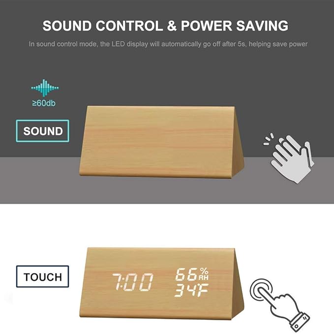 TOPINCN Digital Alarm Clock, Wooden Alarm Clock with Electronic LED Time Display, Humidity & Temperature Detect 3 Alarm Settings 3 Level Brightness Electric Clock for Bedroom