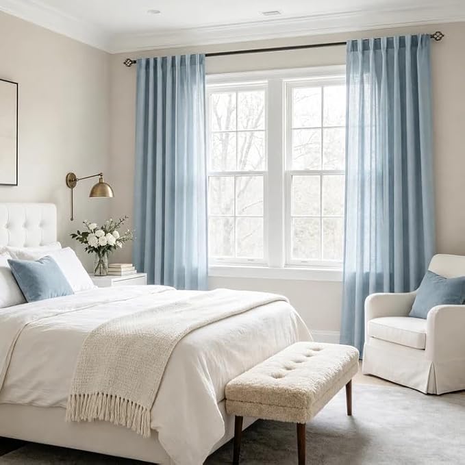 Stone Blue Curtains for Living Room Back Tab Modern Farmhouse Semi Sheer Blue Curtains 45 inches Long 2 Panels Set Muted Neutral Window Curtain for Dining Room Bedroom 52x45