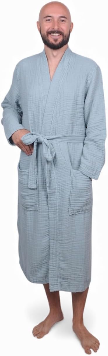 Muslin Bathrobe - Cotton Gauze Robe for Women and Men - Lightweight Breathable Summer Kimono - Boho Spa/Maternity Robe