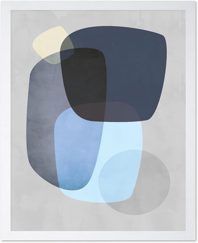 Monem Art Abstract Blue Shapes Print - Scandinavian Minimalist Art Poster - Wall Decor for Living Room, Bedroom or Office - 12x16 White Framed Wall Art by Mareike Bohmer