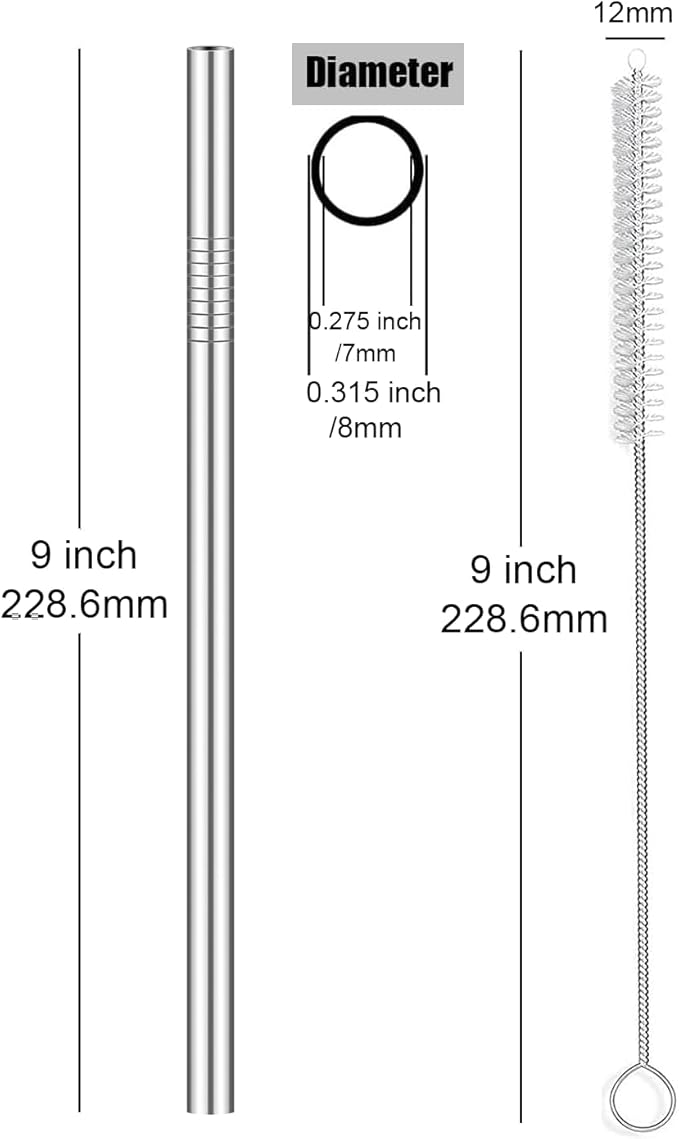 ALINK Stainless Steel Smoothie Straws, 9 inch X 0.315 in Reusable Metal Straws for Juice, Water, Smoothie, Set of 4 with Cleaning Brush