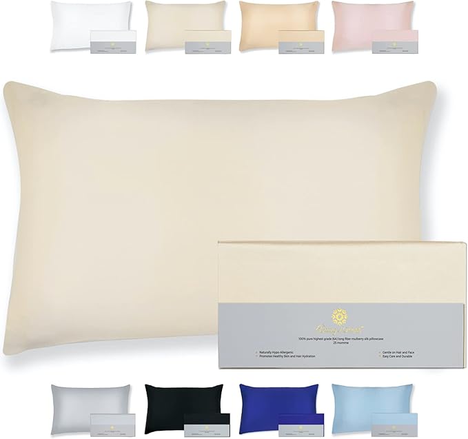 25 Momme Premium Mulberry Silk Pillowcase for Hair and Skin | Handcrafted Hypoallergenic & Anti-Acne Silk Pillow Cases with Zipper | King - 20" x 36", Vanilla Ice