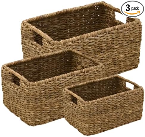 3 Pack Natural Seagrass Woven Storage Baskets Woven Rectangular Organizer Set With Handles Decorative Wicker Bins For Shelves Bathroom Bedroom Living Room Home Decor Rustic Beige