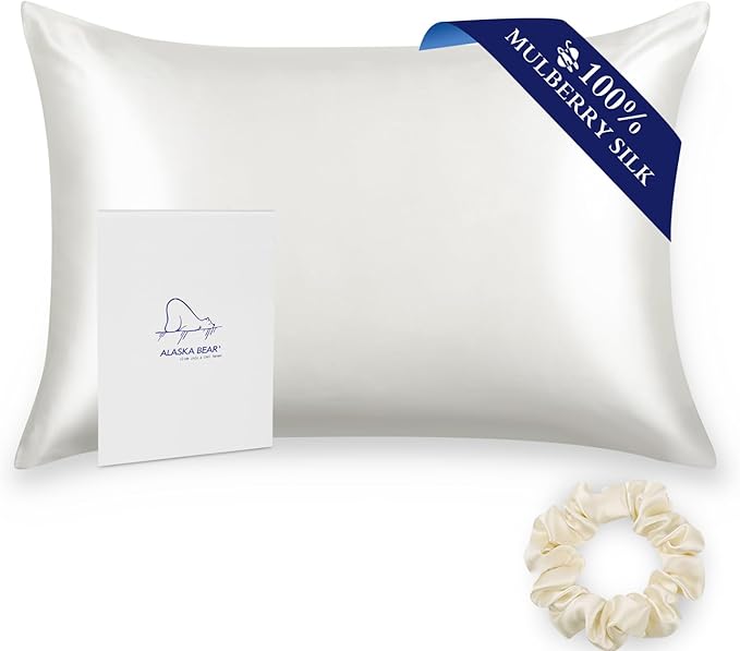 ALASKA BEAR Silk Pillowcase for Hair and Skin, Grade 6A 100% Mulberry Silk Pillow Cases King Size for Bliss Sleep with Random Color Scrunchy Set Better Than Poly Satin, 1pc, Natural Ivory White