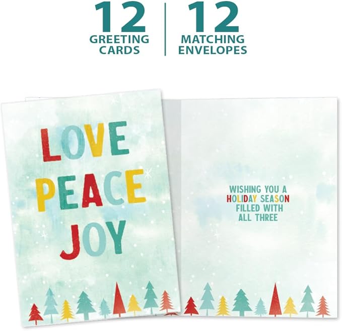 Tree-Free Greetings - Season's Greeting Cards - Artful Designs - 12 Cards + Matching Envelopes - Made in USA - 100% Recycled Paper - 5 x 7 - Love Peace Joy (HP25221)