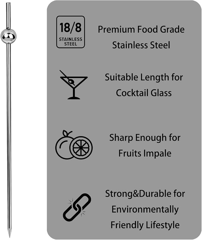 12PCS Metal Cocktail Picks for Drinks, Stainless Steel Martini Picks 4.6 inch, Reusable Cocktail Skewers Pearl Silver