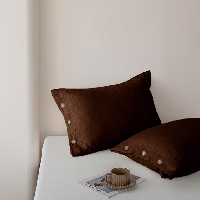 EVERLY 100% Linen Pillowcases Set of 2, French Linen from Normandy, 20X36Inch Queen Size, Natural Color, Coconut Buttons Closure, Flax Pillowshams-Pillowcase-Chocolate