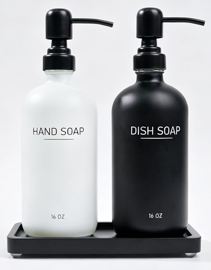 Black & White Soap Dispenser Set, Glass Soap Dispenser with Stainless Steel Pump & Tray, Farmhouse Hand Soap Dispenser & Dish Soap Dispenser for Bathroom Kitchen Sink (B & W hi)