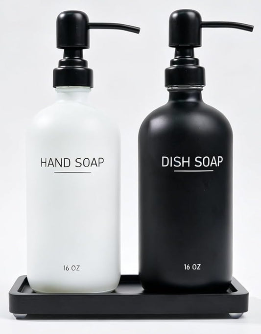 Black & White Soap Dispenser Set, Glass Soap Dispenser with Stainless Steel Pump & Tray, Farmhouse Hand Soap Dispenser & Dish Soap Dispenser for Bathroom Kitchen Sink (B & W hi)
