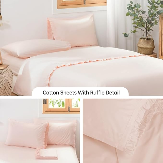 Simple&Opulence 100% Cotton Sheet Set Ruffle- 4Pcs (1 Flat Sheet 1 Fitted Sheet 2 Pillowcases) Bed Sheets Soft French Country Shabby Chic Vintage Bedding Set Aesthetic Farmhouse (Blush Pink, Queen)