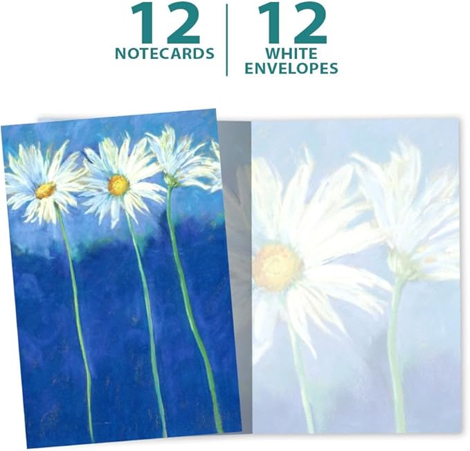 Tree-Free Greetings Daisies on Blue All Occasion Cards - 12 Recycled 4x6 Cards & White Envelopes, Thick Cardstock, Sustainably Made in USA - Nostalgic Summer Flowers