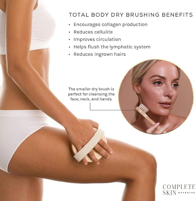 CSM Dry Brushing Body and Face Brushes for Lymphatic Drainage - Natural Boar Bristle Exfoliating Brushes with Face Brush for Cellulite, Circulation & Glowing Skin (2, Brush Set)