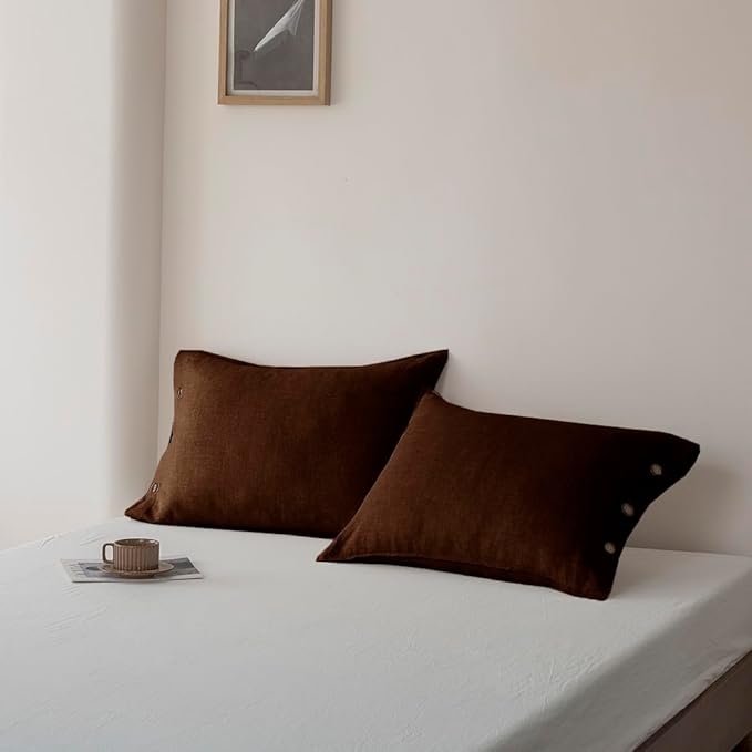 EVERLY 100% Linen Pillowcases Set of 2, French Linen from Normandy, 20X36Inch Queen Size, Natural Color, Coconut Buttons Closure, Flax Pillowshams-Pillowcase-Chocolate