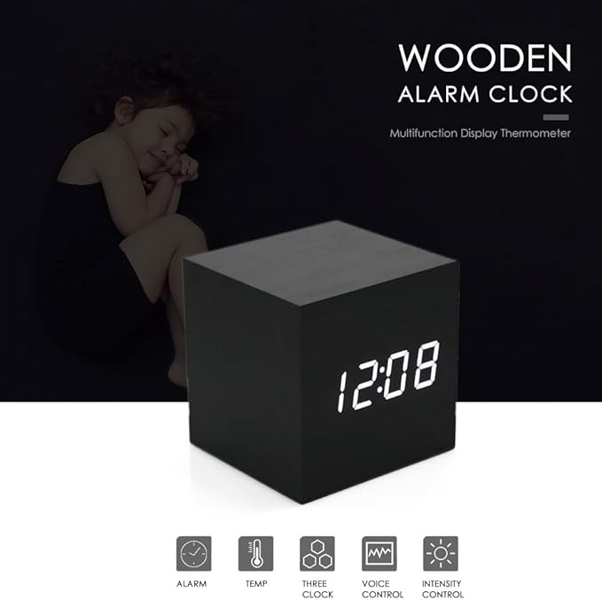 Wooden LED Alarm Clock Temperature Sounds Control LED Display Electronic Desktop Digital Table Clocks