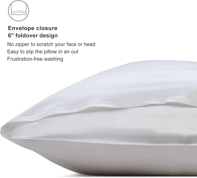 ALASKA BEAR Silk Pillowcase Envelope Closure, 22 Momme 100 Percent Long Overlap Sleeve Mulberry Silk Pillow Case Foldover Design, Machine Washable and NO Zipper, Standard (1, Cool White)
