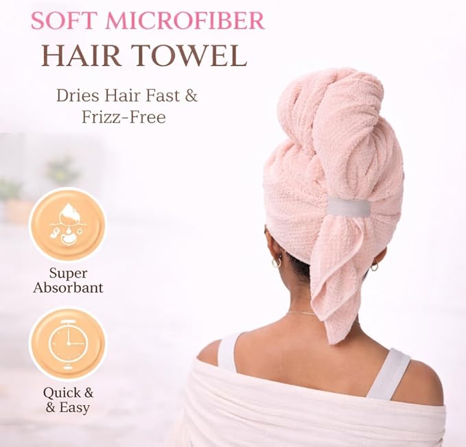 Luxury Microfiber Hair Towel Wrap for Women - Quick Dry, Super Absorbent Hair Turban, Soft & Lightweight Anti-Frizz Towel for Long, Thick & Curly Hair (Pink Blush, 48" × 24")