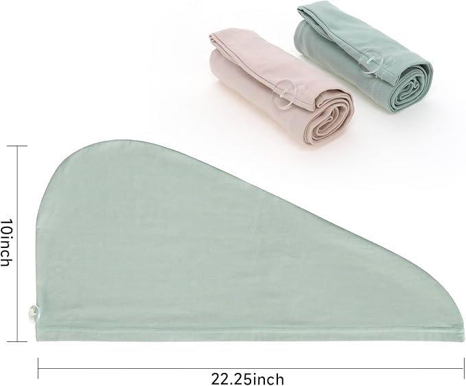2 Pack T-Shirt Hair Plopping Towel for All Textures - Cotton Blend Water Absorption Turban with Secure Button - Moisture Gentle Styling and Setting Wrap - Sage & Pink
