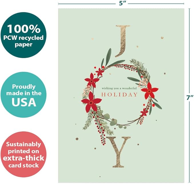 Tree-Free Greetings - Season's Greeting Card - Artful Designs - 1 Card + Matching Envelopes - Made in USA - 100% Recycled Paper - 5 x 7 - Joy Wreath (VO80673)