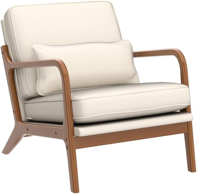 Karl home Mid-Century Modern Accent Reading Chair, Beige | Linen Upholstered, Solid Wood Frame, Soft Cushion, Lumbar Pillow, Lounge Armchair for Living Room, Bedroom, Balcony, Study
