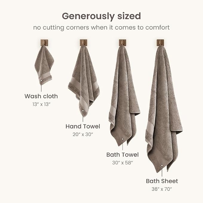 BIOWEAVES 100% Organic Cotton 700 GSM Plush 6-Piece Premium Towel Set GOTS Certified, 2 Bath Towels, 2 Hand Towels & 2 Washcloths - Taupe