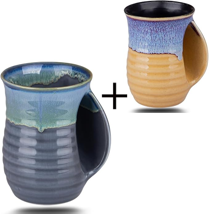 Hand Warmer Mugs Set of 2,16 Ounce Large Hand Warming Mugs Ceramic Gift for Christmas with Contoured Pocket, Keep Your Fingers Warmth(Grey and Purple)