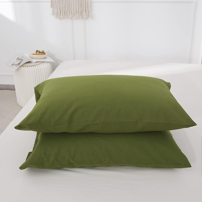 Simple&Opulence Linen Pillowcases 1 Pair Basic Style 55% Euro Linen 45% Cotton Blend Solid Color Flax Shams Set of 2, Standard Queen Size 20"x30", Forest