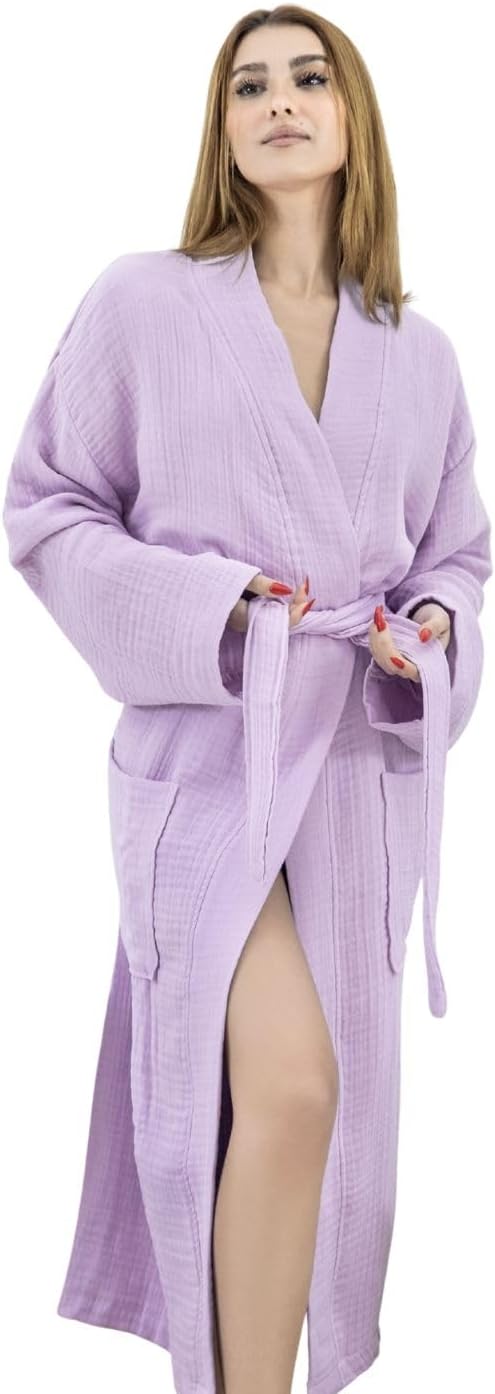 100% Cotton Muslin Kimono Robe for Women, Lightweight Gauze Bathrobe, Soft Breathable Spa Robe