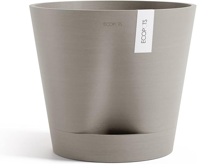 Ecopots Venice 2 Durable Modern Round Indoor/Outdoor Recycled-Based Composite Flower Pot Planter w/Water Reservoir, Taupe, 16"