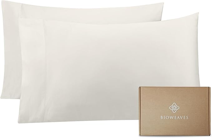 Bioweaves 100% Organic Cotton Pillow Cases 300 Thread Count Soft Sateen Weave GOTS Certified – Standard/Queen Size, Set of 2, Cream