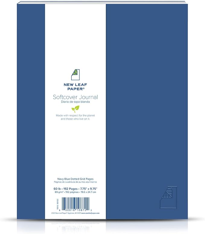 100% Recycled Softcover Dotted Grid Journal, Navy Blue, 9.75" x 7.75", 192 Pages, Embossed, Perfect Bound, FSC Certified, Made in USA