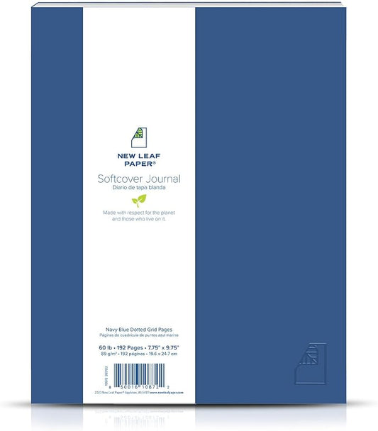 100% Recycled Softcover Dotted Grid Journal, Navy Blue, 9.75" x 7.75", 192 Pages, Embossed, Perfect Bound, FSC Certified, Made in USA