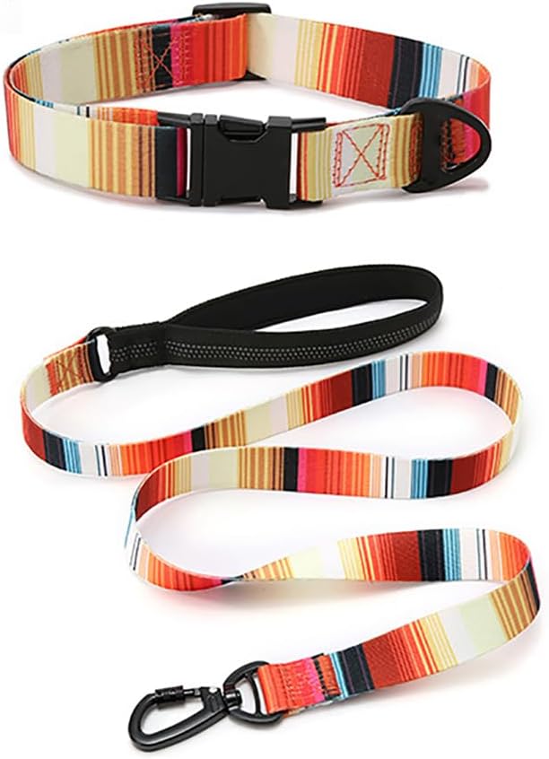 Dog Collar and Leash Set for Dogs Walking Bohemia Ethnic Style | Soft Durable Nylon Adjustable Collar with Metal Buckle and 4ft Padded Handle Matching Leash for Small Medium Large Dogs