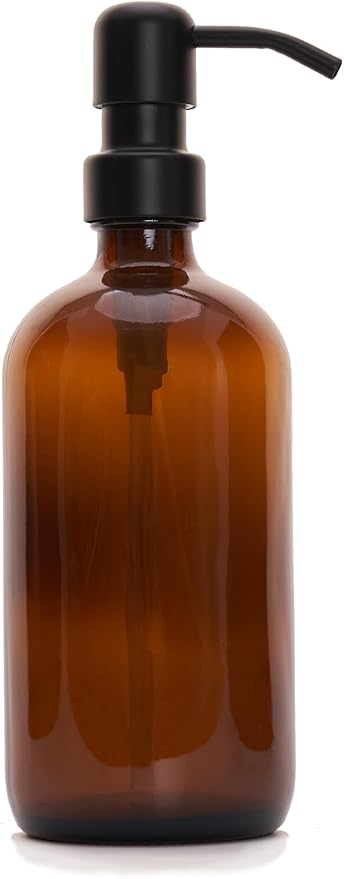 Diahom Soap Dispenser Amber Glass Hand Dish Soap Dispensers 1pcs Stainless Steel Pump 16 Oz for Kitchen Sink Countertop Bathroom