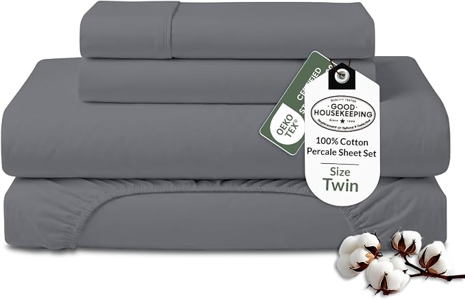 ROYALE LINENS 100% Organic Cotton Twin Sheet Set - Percale Weave - 3 Pieces Set - 1 Flat, 1 Deep Pocket Fitted Sheet and 1 Pillowcases - Grey Bed Sheets - Sábanas Twin - Crisp Cool (Grey)