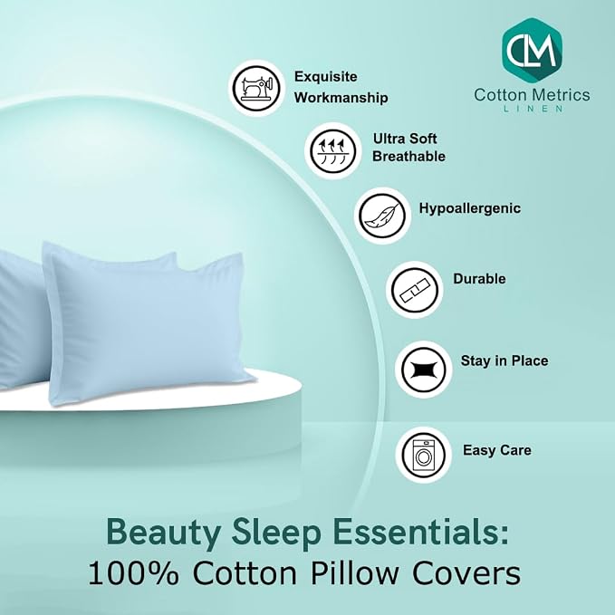 2 Pack Pillow Shams Queen Size 20x30 – 600 Thread Count 100% Organic Cotton Sky Blue Pillow Covers with 2 Inch Flange, Soft & Smooth Premium Hotel-Quality Pillowcases Set of 2