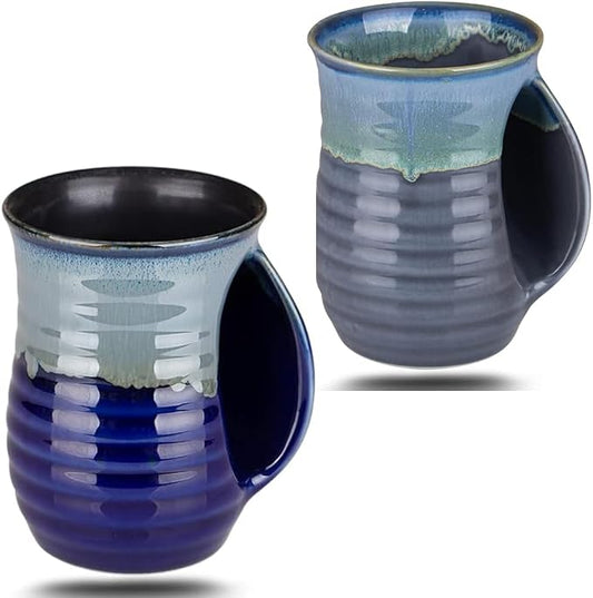 Hand Warmer Mugs Set of 2,16 Ounce Large Hand Warming Mugs Ceramic Gift for Christmas with Contoured Pocket, Keep Your Fingers Warmth(Grey and Blue)
