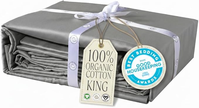 Delilah Home 100% Organic Cotton King Flat Sheet Set, GOTS & Vegan.org Verified, Long Stem 300 TC Sateen Bedding, Non-Synthetic, Deep Pocket Fitted Linen, Lightweight, All-Season, 4 Piece Set - Grey