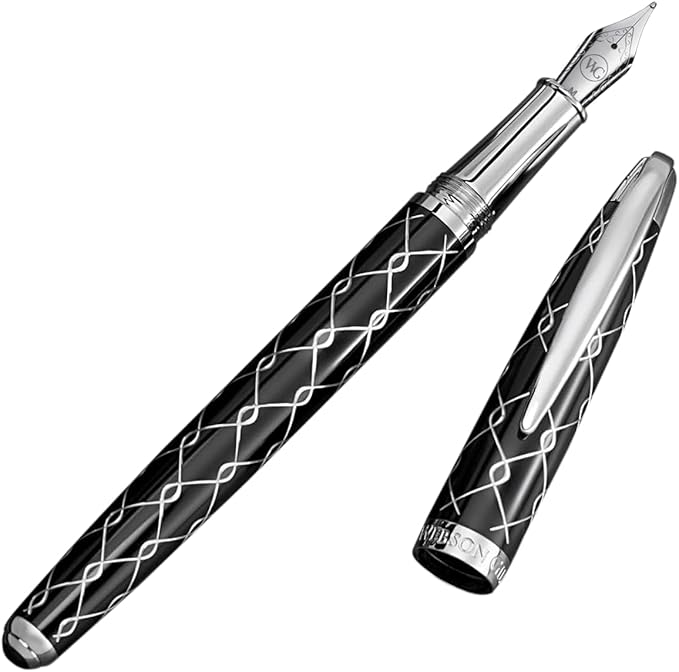 ‘The Weaver’ Black Luxury Executive Fountain Pen, Polished Lacquer and Chrome, Stainless Steel Nib, Easy Refill Ink Piston Converter, Smudge Free, No Bleed, Fits Our Instant Insert Ink Cartridges