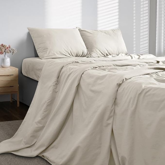 BIOWEAVES 100% Organic Washed Cotton Percale Weave Sheets King | GOTS Certified Sheets for King Size Bed, 17” Deep Pocket – 4 Piece Set, F Dew