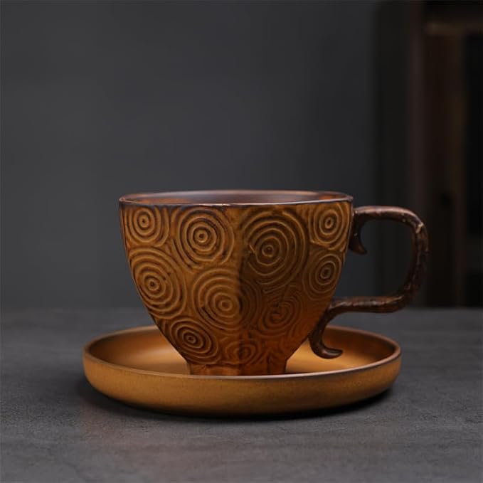 Rustic Kiln Glaze Textured Ceramic Coffee Mug with Saucer, Vintage Wabi Sabi Latte Tea Cup Multiple Styles, set of 1 (MIXED011)