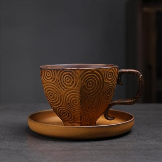 Rustic Kiln Glaze Textured Ceramic Coffee Mug with Saucer, Vintage Wabi Sabi Latte Tea Cup Multiple Styles, set of 1 (MIXED011)