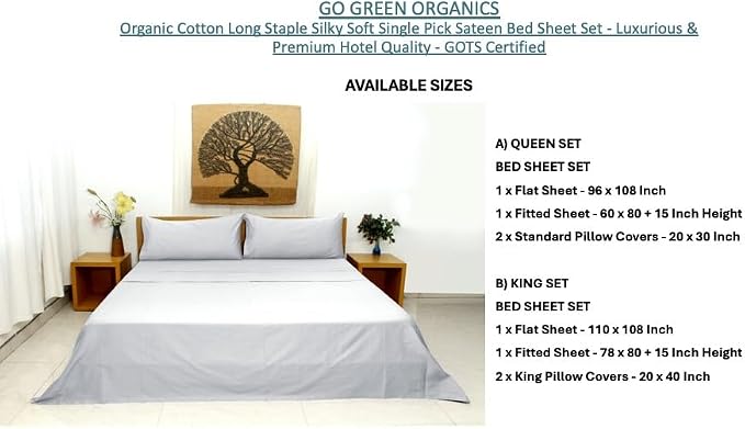 Organic Cotton Long Staple Silky Soft Single Pick Sateen Bed Sheet Set - Luxurious & Premium Hotel Quality - GOTS Certified - Solid Dyed (Grey Dawn, Queen (U.S. Standard))