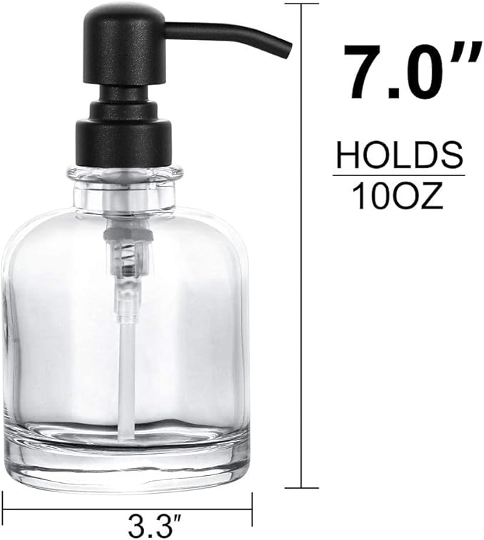 2 Pcs Thick Clear Glass Jar Hand Soap Dispenser Bathroom with Matte Black Stainless Steel Pump, 12ounce Clear Boston Round Bottle Dispenser with Rustproof Pump for Kitchen Dish