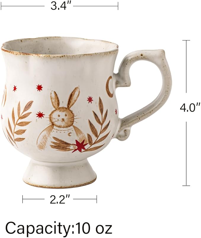 10 oz Footed Ceramic Mug, White & Brown Glazed Coffee Cup, Rustic Decorative Tea Cup with Bunny & Star Pattern for Home Office, Dishwasher & Microwave Safe