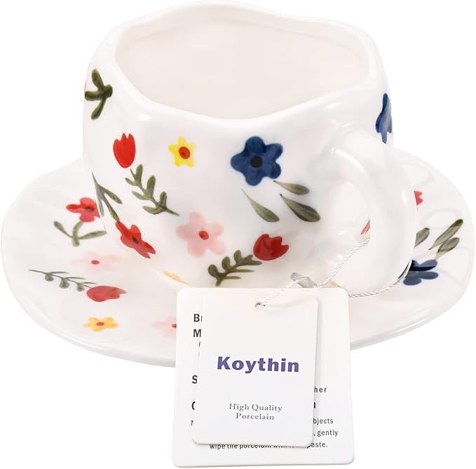 Koythin Ceramic Coffee Mug, Cute Pink Cup for Women with Saucer for Office and Home, Dishwasher and Microwave Safe, 10 oz/300 ml for Latte Tea Milk (White Floret)