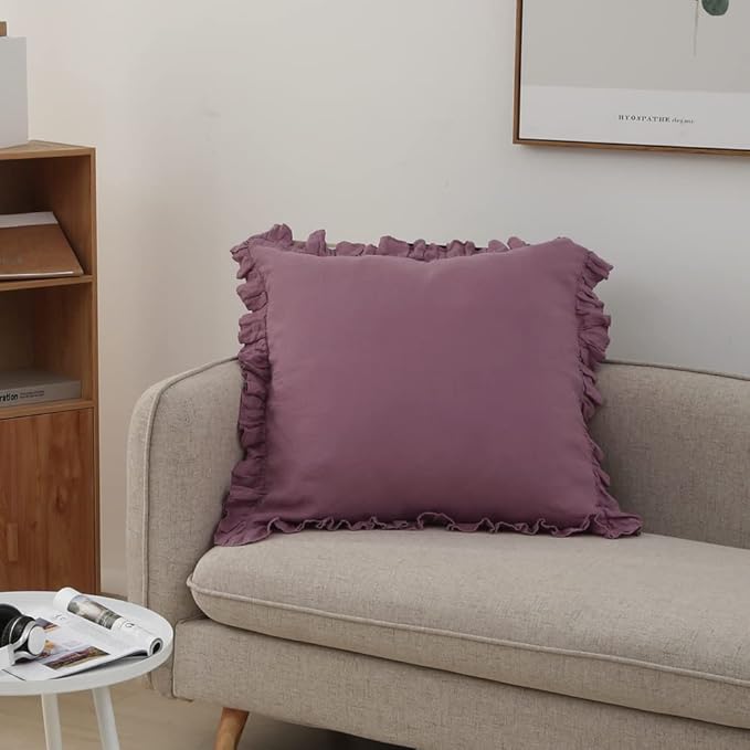 100% French Linen Euro Shams with Ruffles - Set of 2 - Washed Solid Color Natural Flax Soft Breathable Pillow Covers - Purple, 26'' x 26''