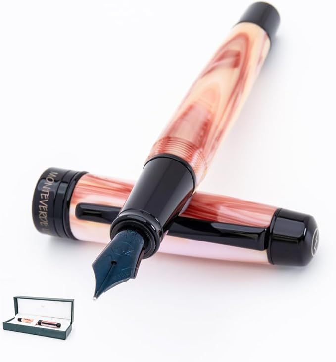 Monteverde USA Prima Red Swirl Fountain Pen - Broad Nib, Handcrafted Resin, JoWo Nib, Refillable, Luxury Gift Box