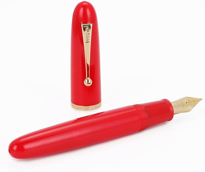 Jinhao 9019 DaDao Series Fountain Pen, Size 8 Medium Heartbeat Nib with Large Ink Converter, Bright Red Acrylic Design Smooth Writing Pen (Gold Trim)